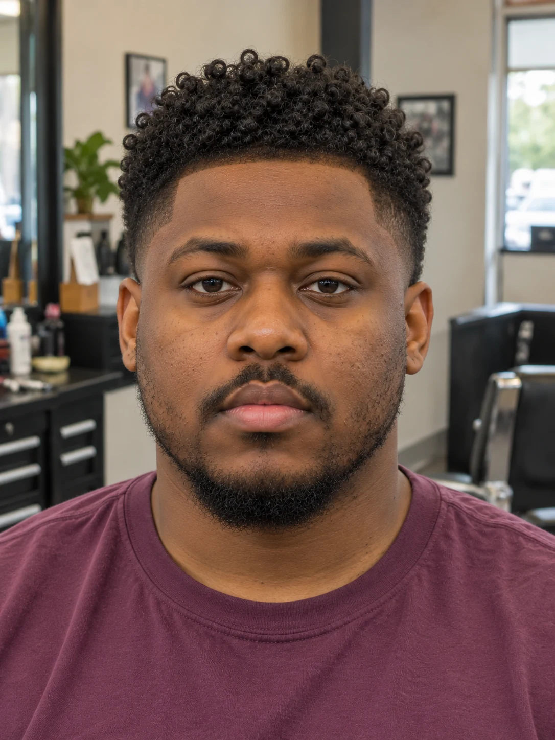 AI haircut concept: high taper with a short curly ridge, front view.