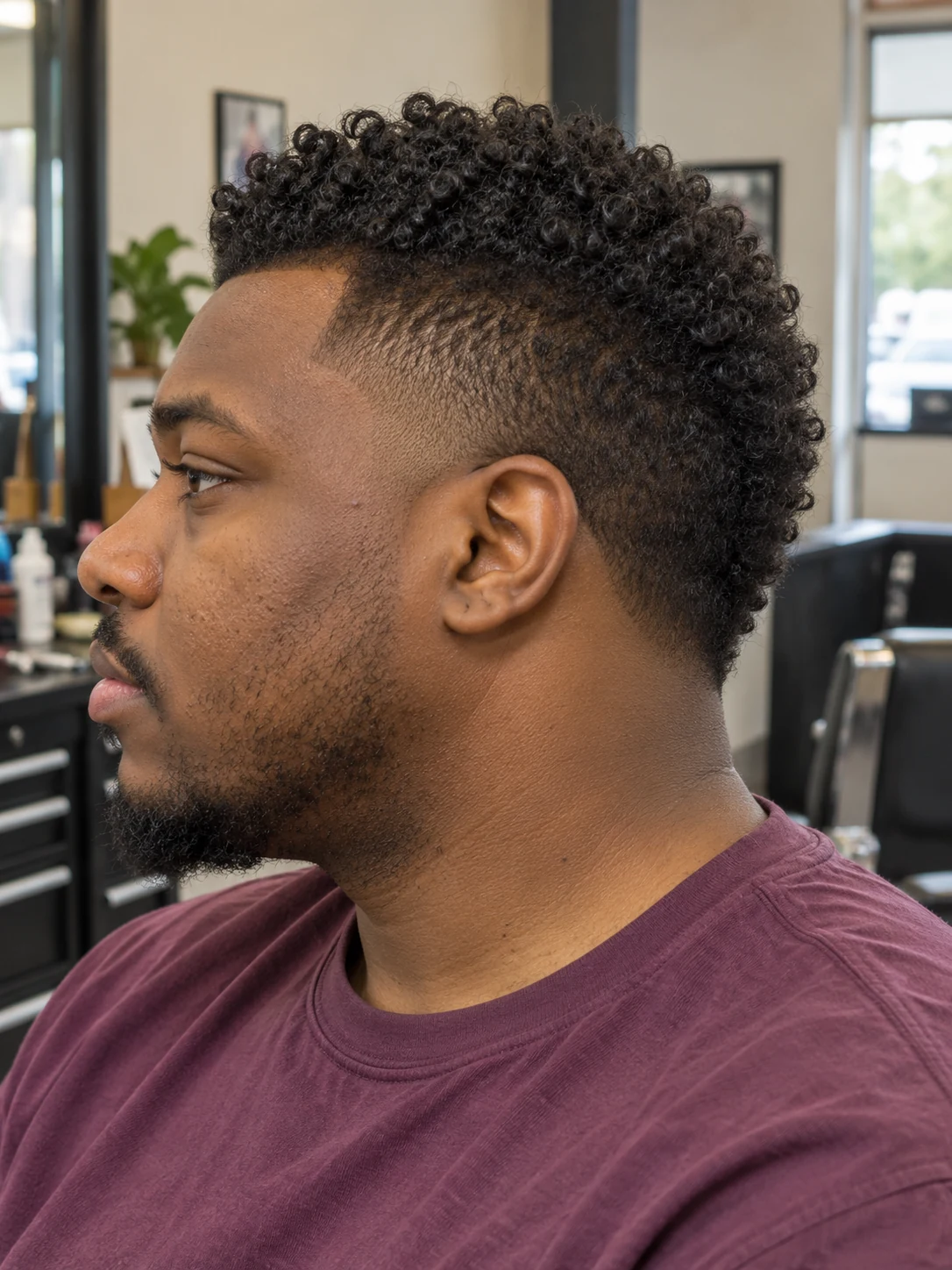 AI concept: high taper with a short curly ridge, left-side angled view.