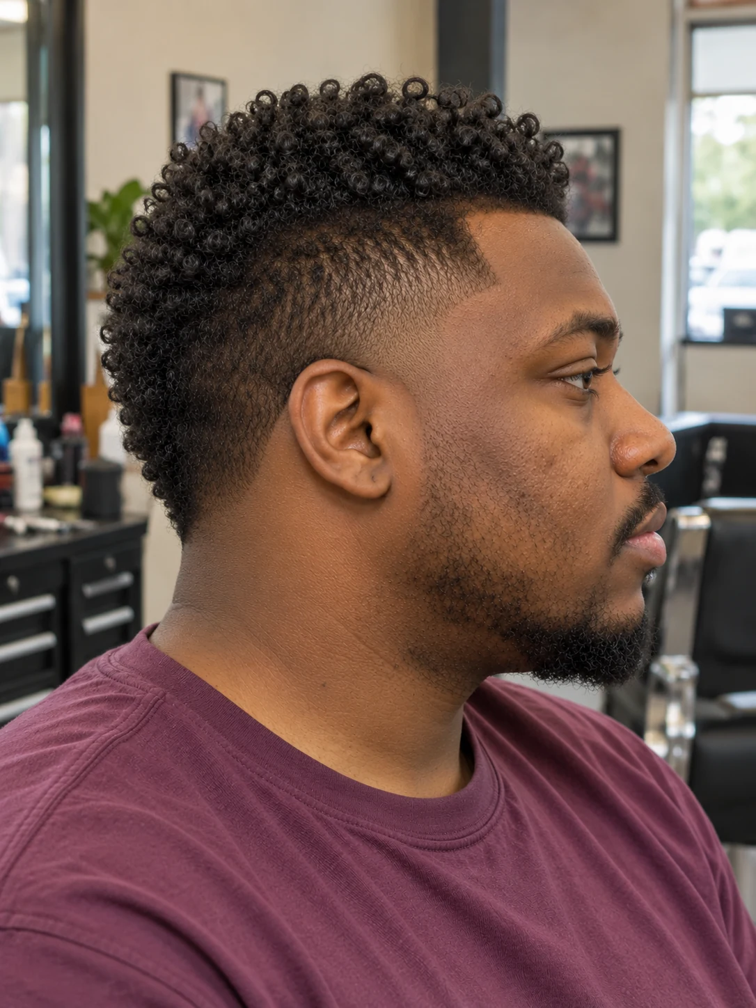 AI haircut concept: high taper with a short curly ridge, opposite-side view.