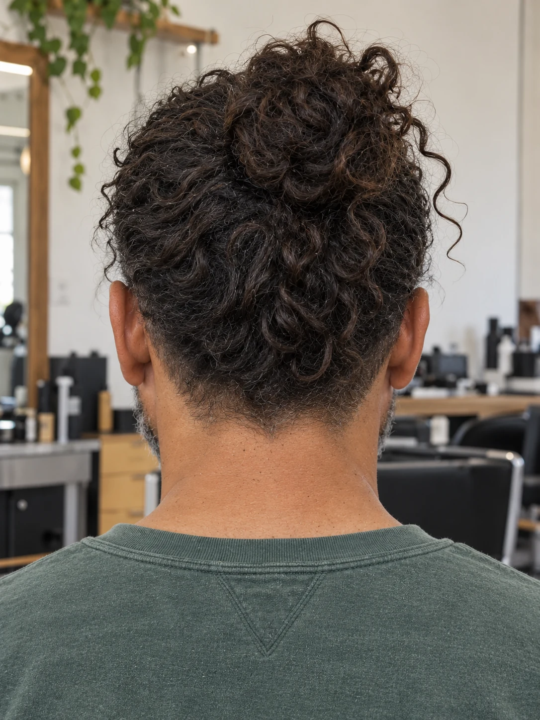 AI haircut concept: low taper with a loose curly bun, rear view.