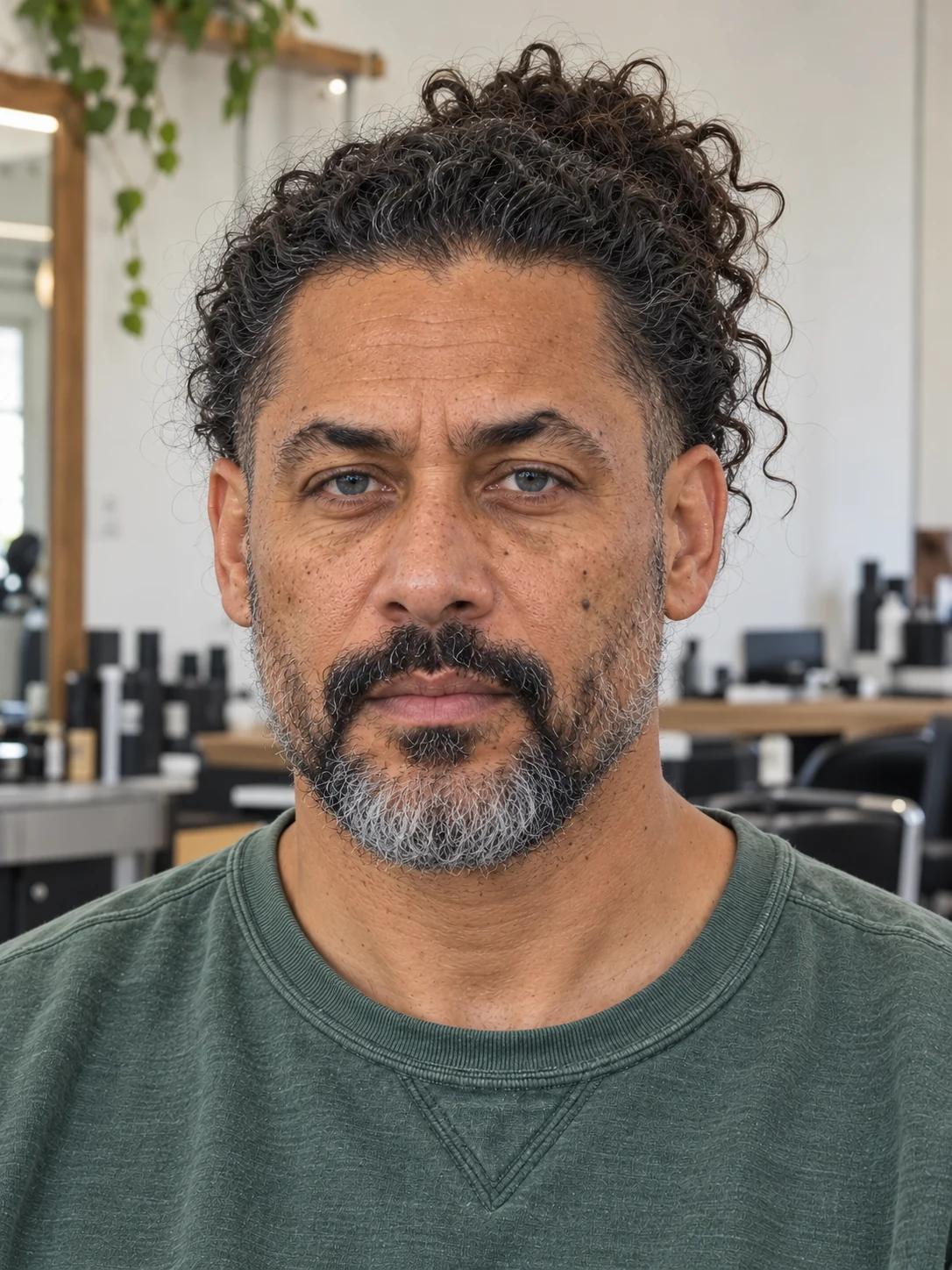 AI haircut concept: low taper with a loose curly bun, front view.