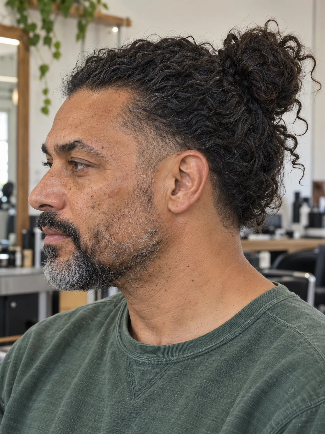 AI haircut concept: low taper with a loose curly bun, left-side angled view.