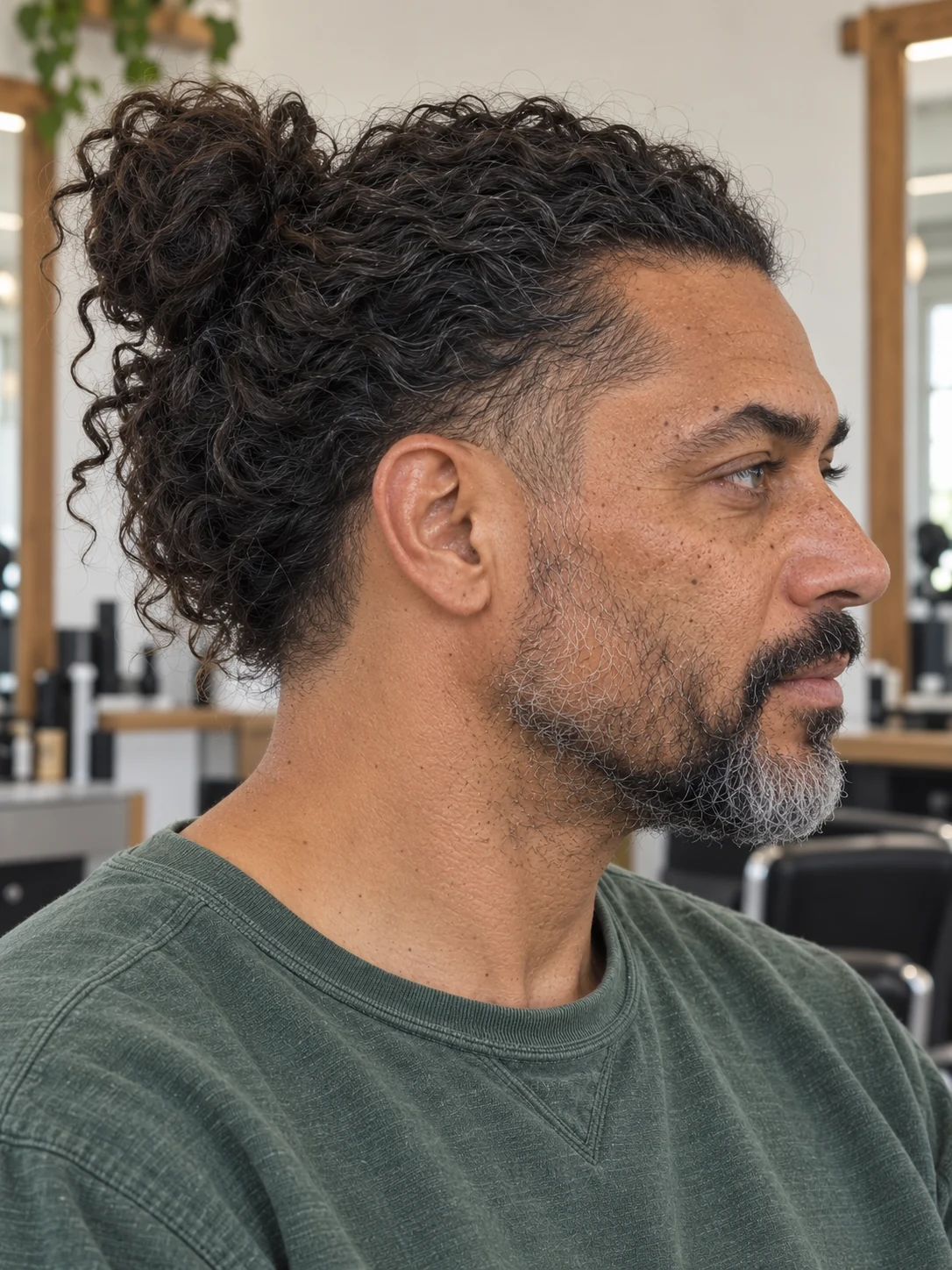 AI haircut concept: low taper with a loose curly bun, opposite-side view.
