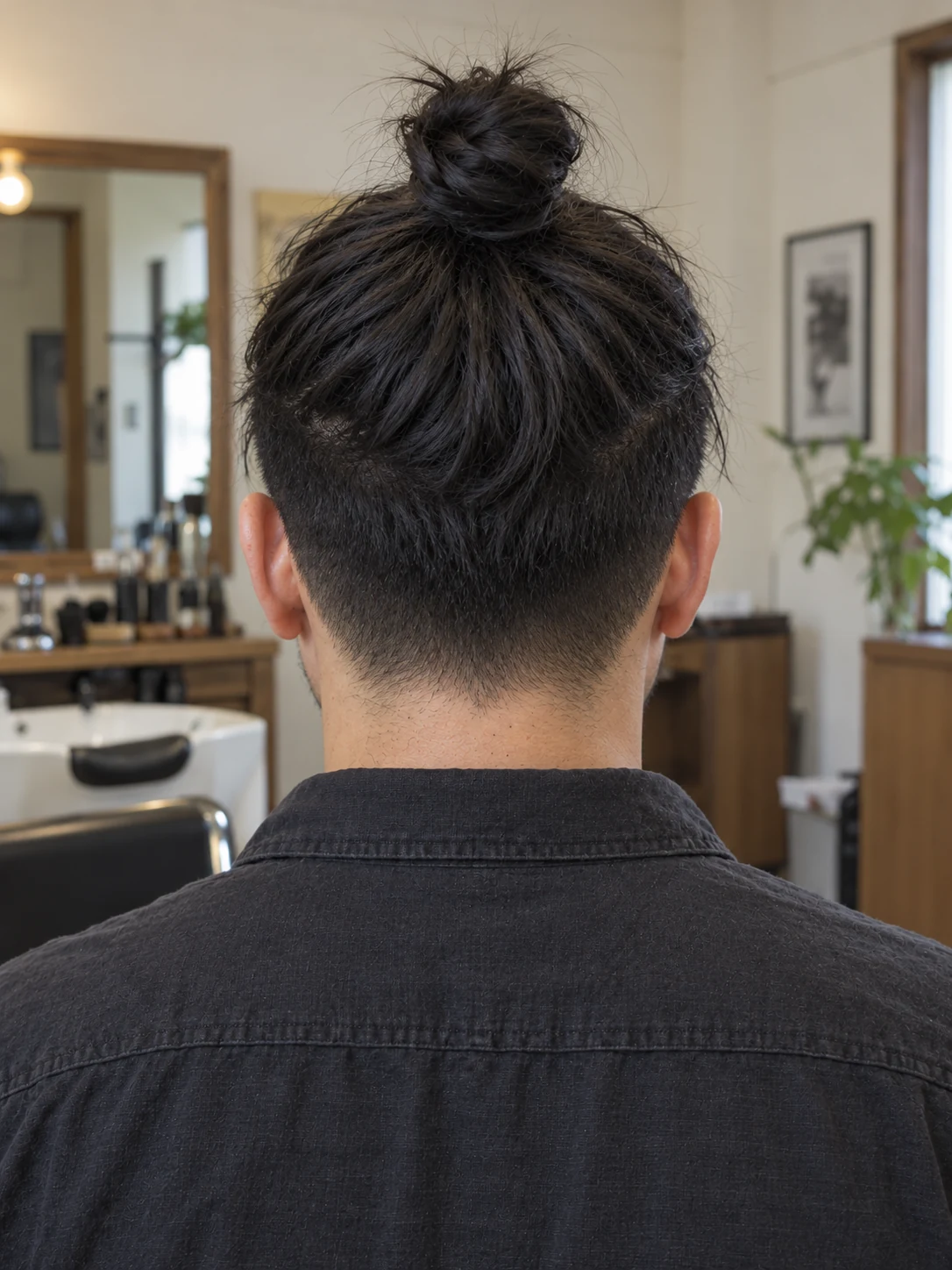 AI haircut concept: mid taper with a compact straight topknot, rear view.