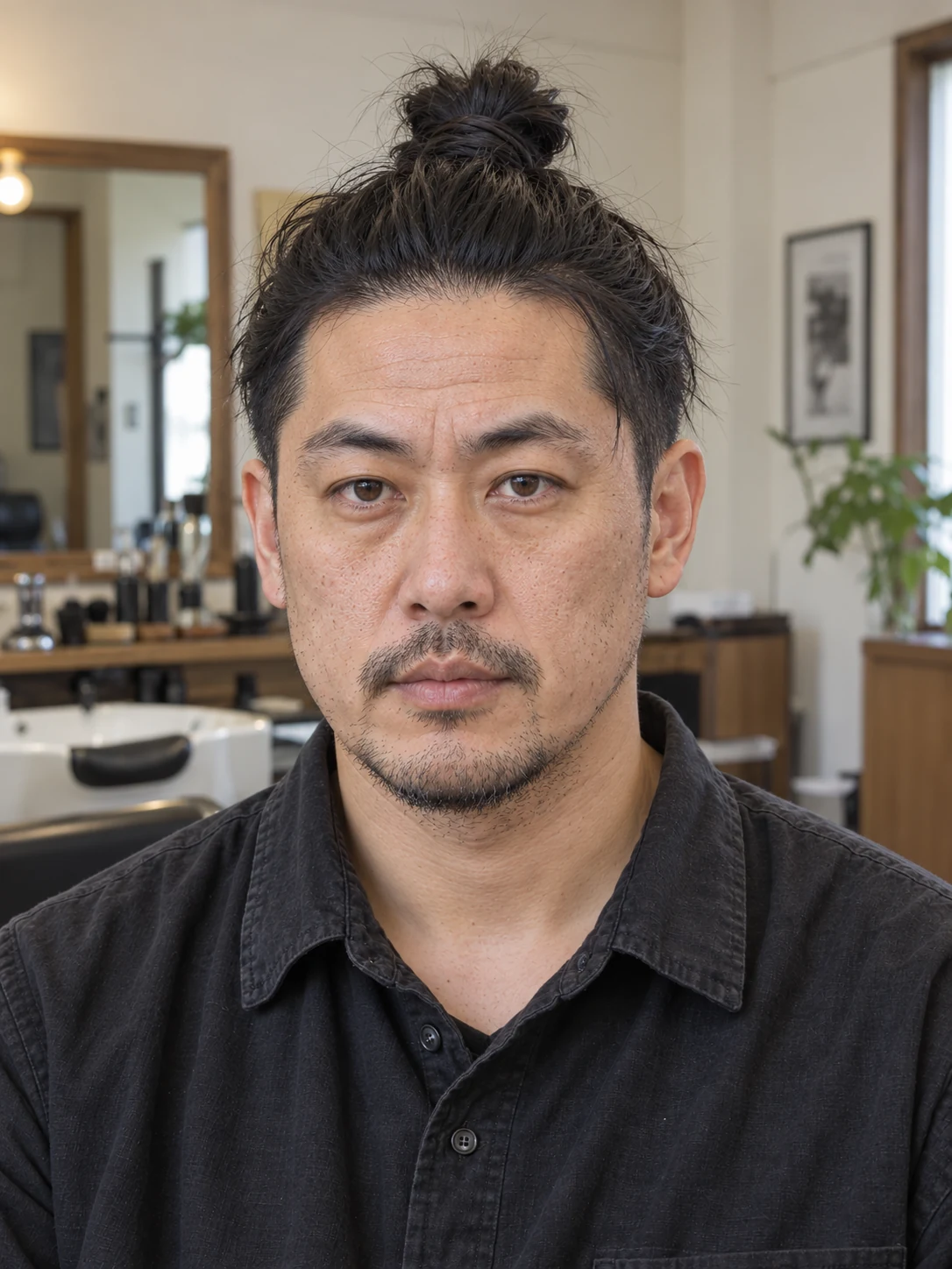 AI haircut concept: mid taper with a compact straight topknot, front view.