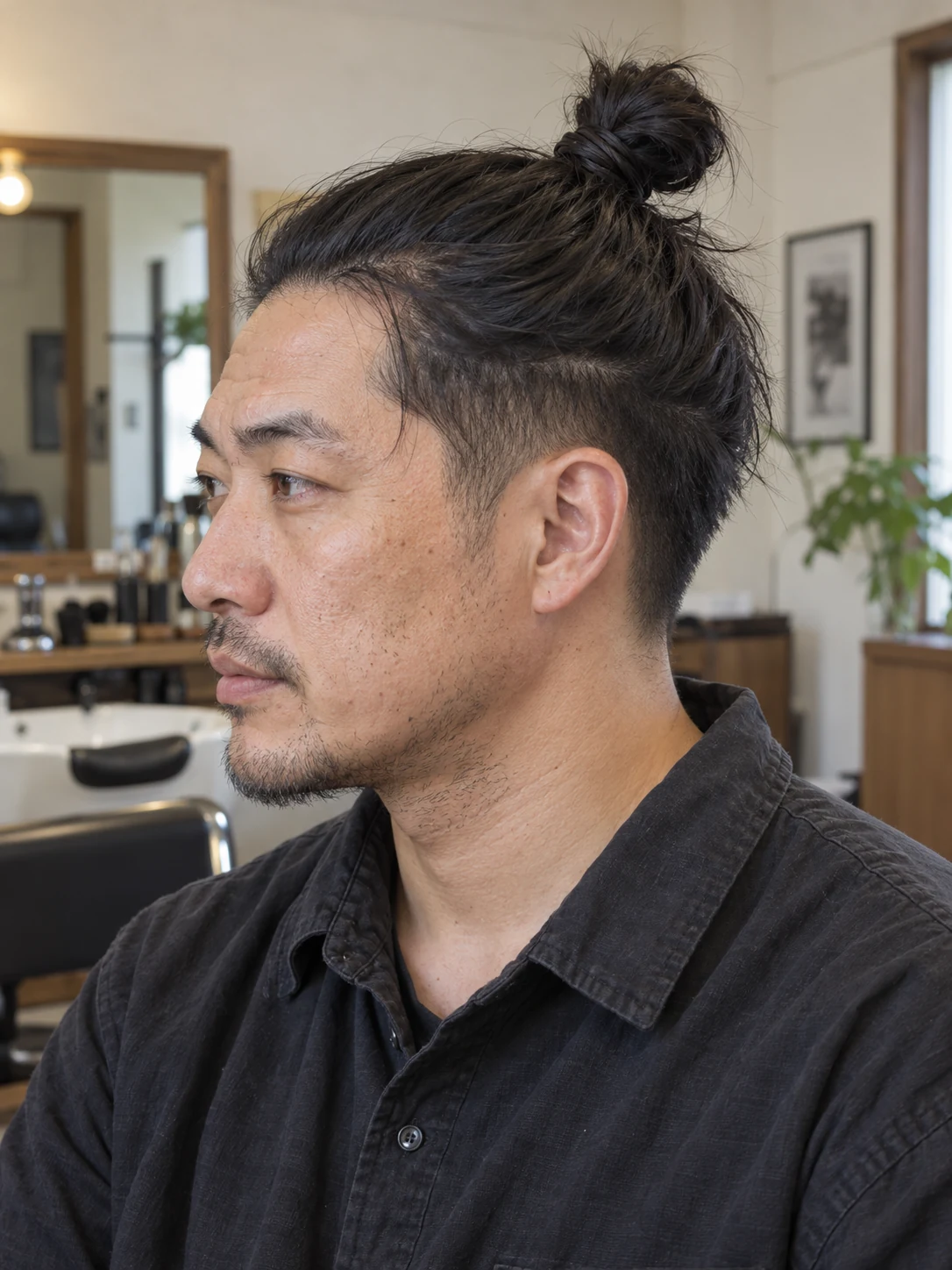 AI haircut concept: mid taper with a compact straight topknot, left-side angled view.