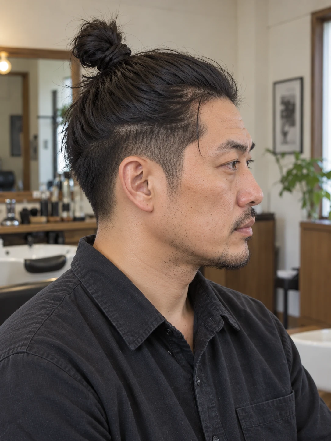 AI haircut concept: mid taper with a compact straight topknot, opposite-side view.