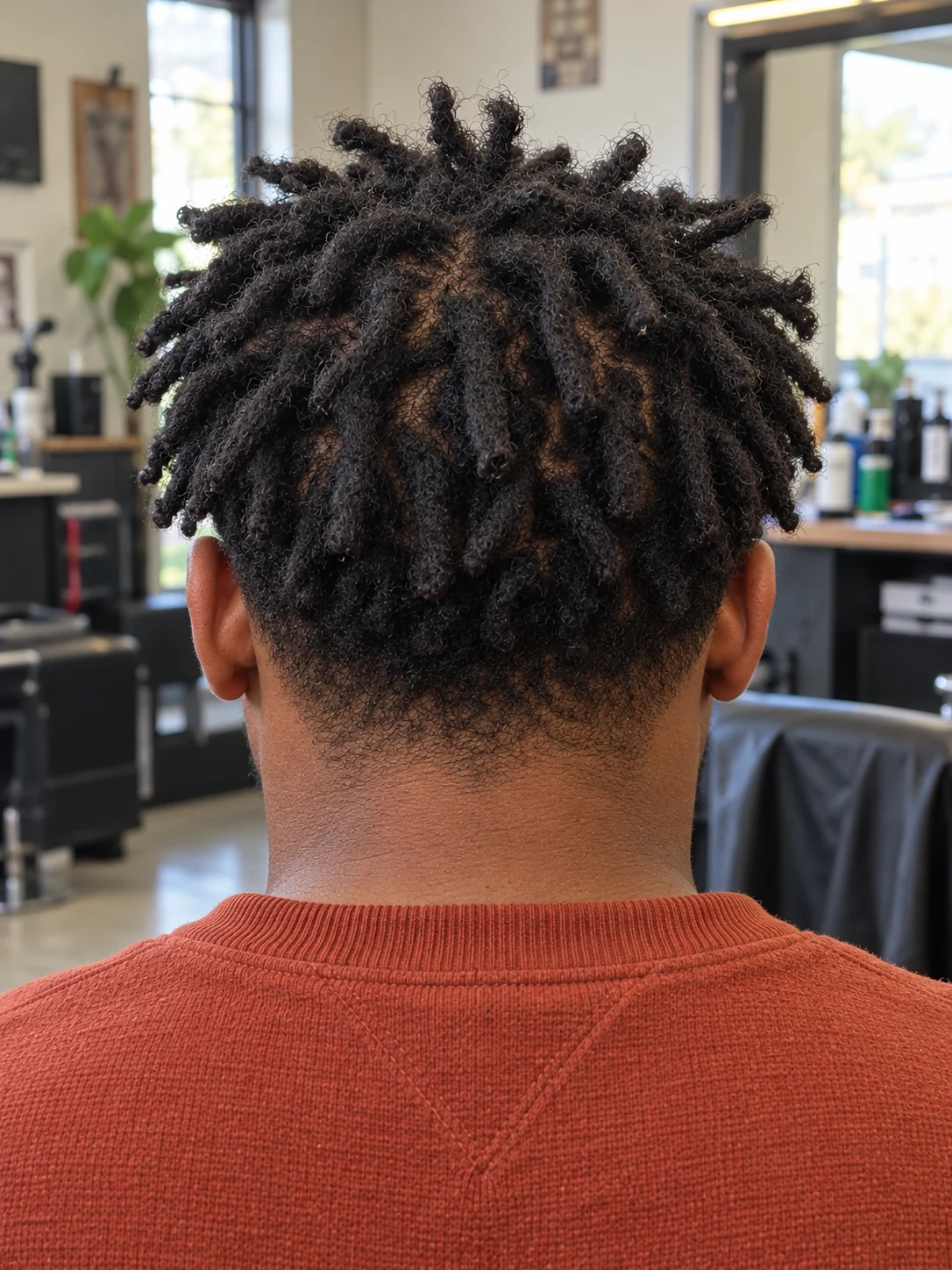 AI haircut concept: low taper with chunky starter locs, rear view.