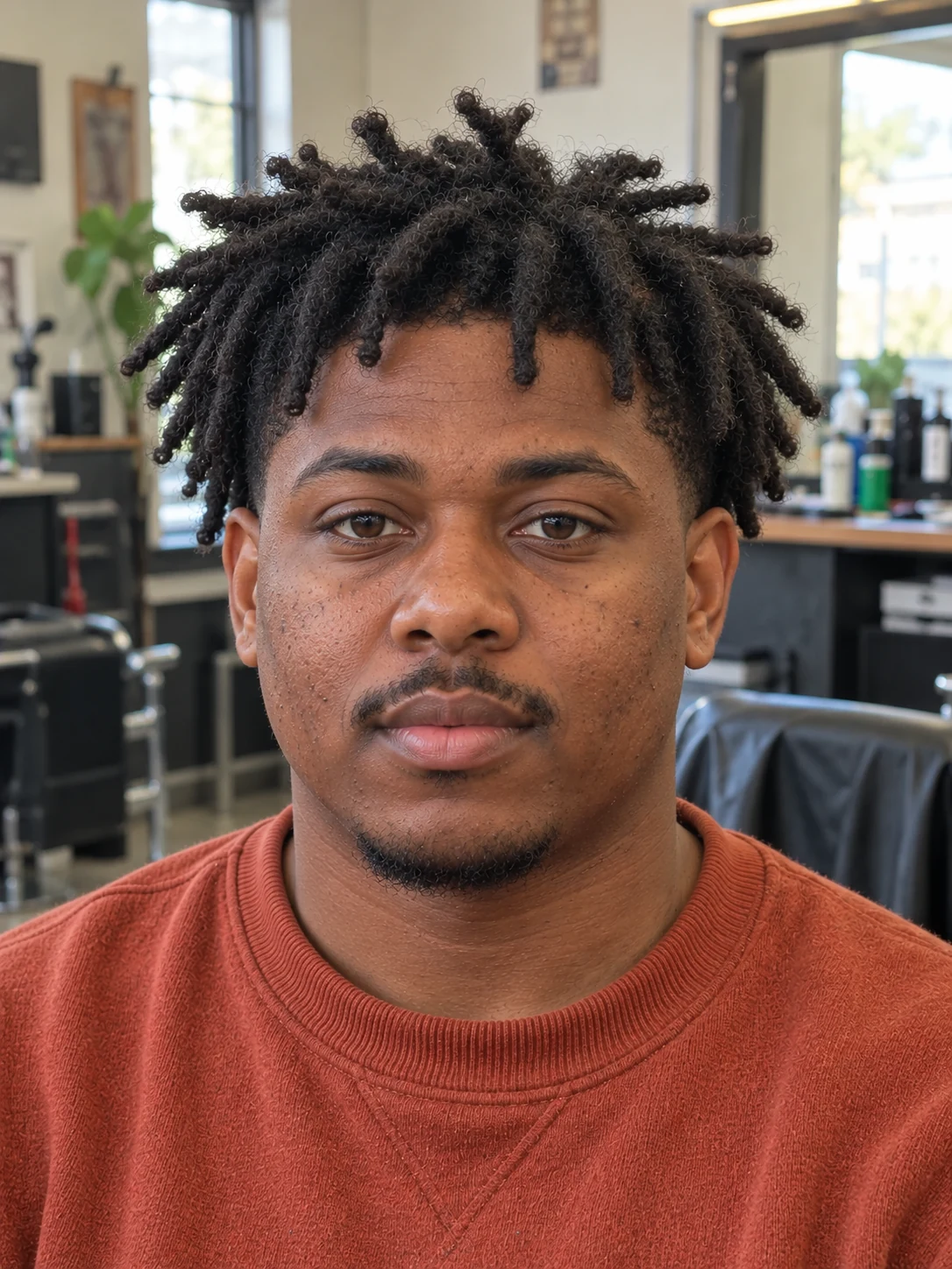 AI haircut concept: low taper with chunky starter locs, front view.