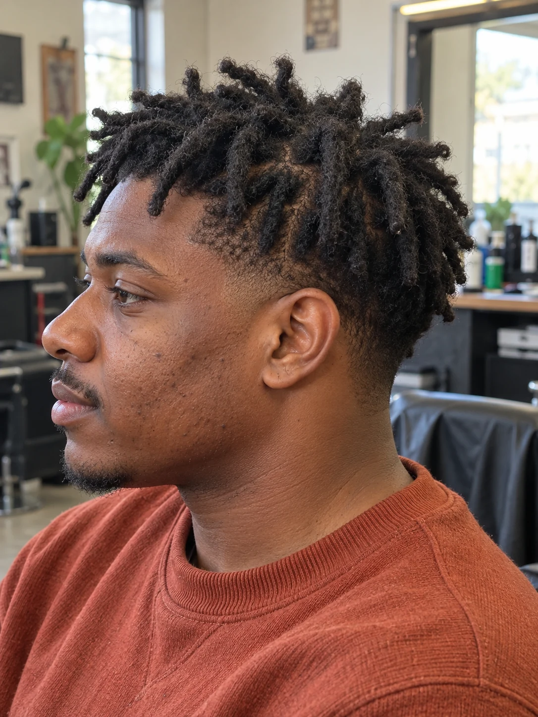 AI haircut concept: low taper with chunky starter locs, left-side angled view.