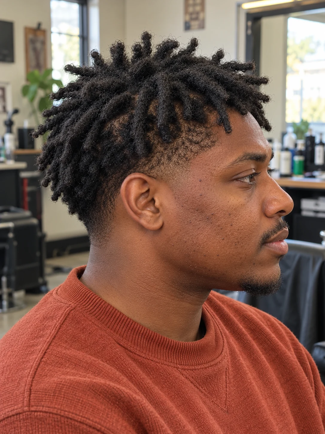 AI haircut concept: low taper with chunky starter locs, opposite-side view.