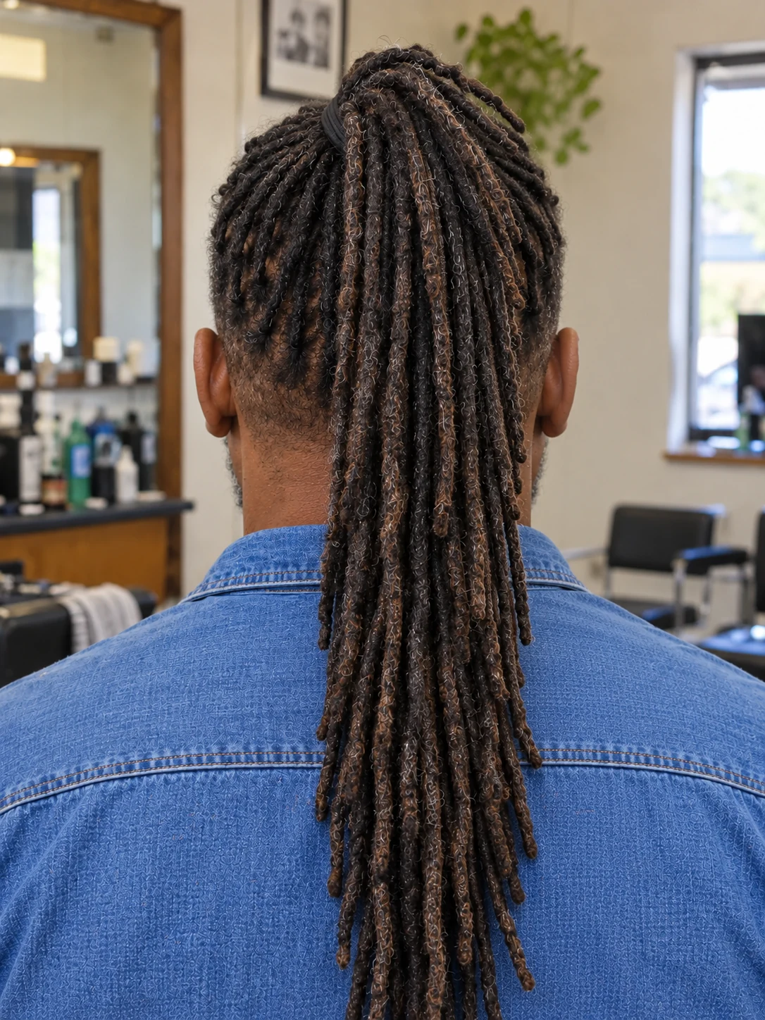 AI haircut concept: mid taper with tied-back locs, rear view.