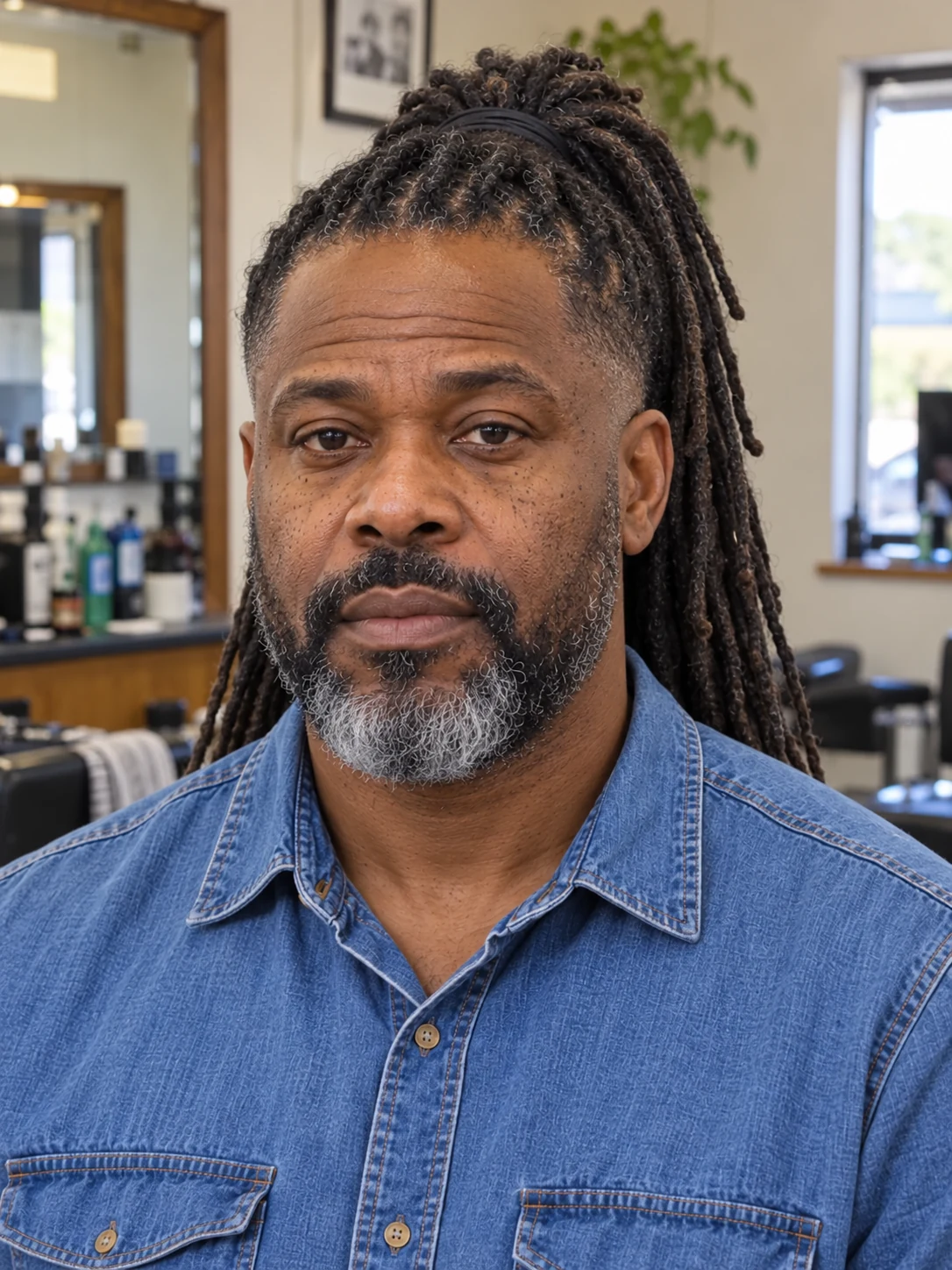 AI haircut concept: mid taper with tied-back locs, front view.