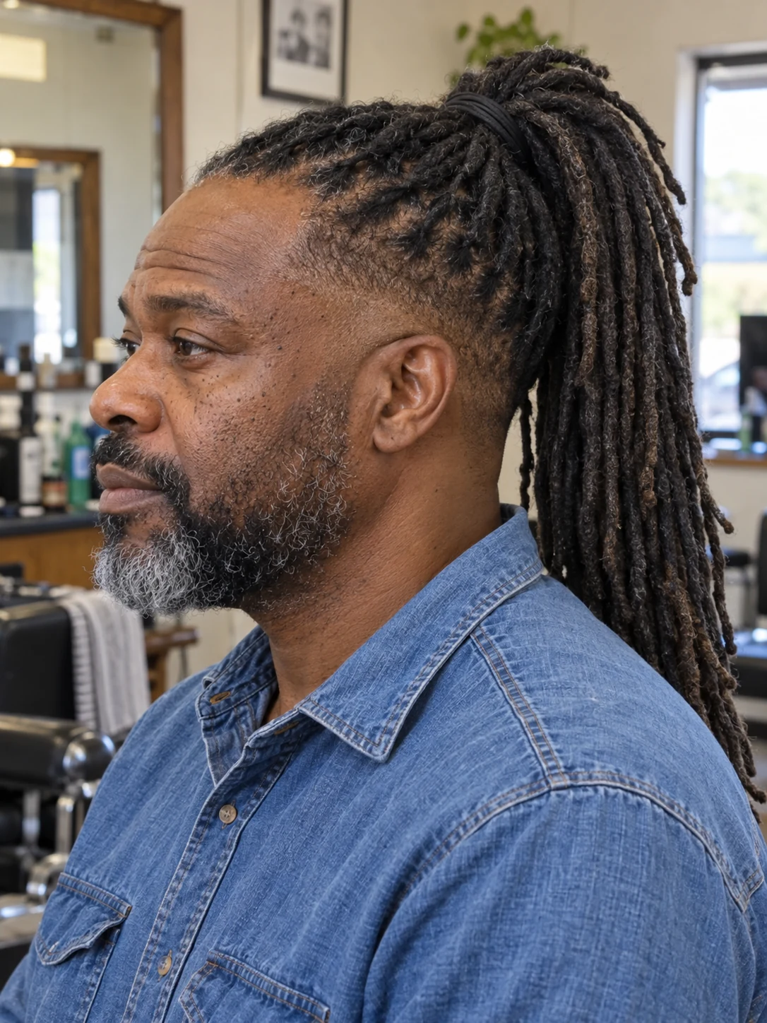 AI haircut concept: mid taper with tied-back locs, left-side angled view.