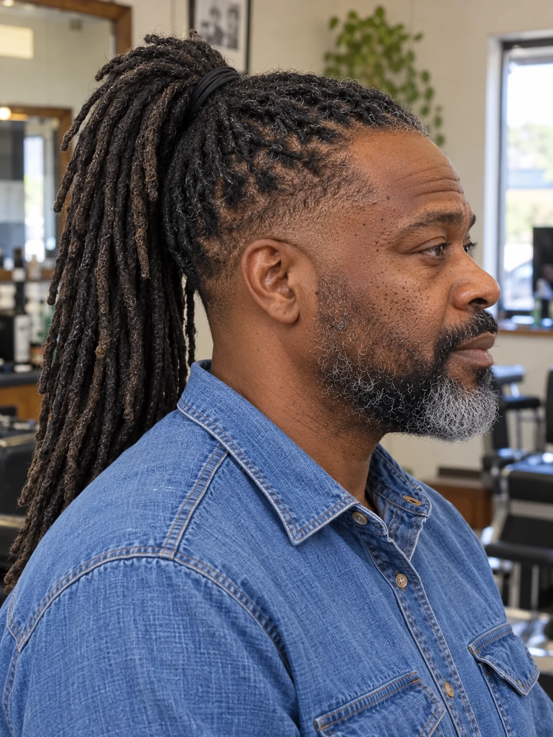 AI haircut concept: mid taper with tied-back locs, opposite-side view.