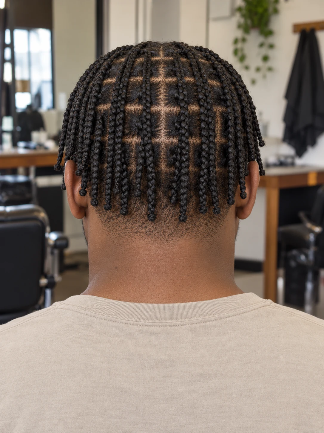 AI haircut concept: low taper with short box braids, rear view.