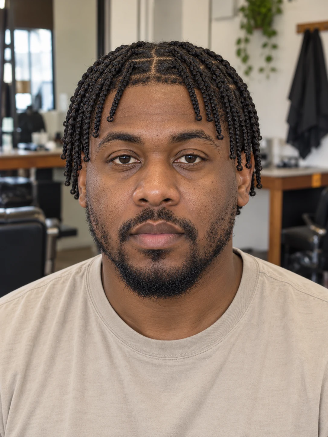AI haircut concept: low taper with short box braids, front view.