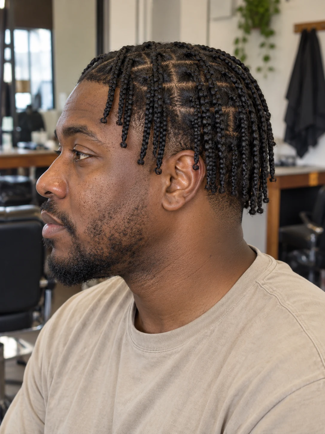 AI haircut concept: low taper with short box braids, left-side angled view.