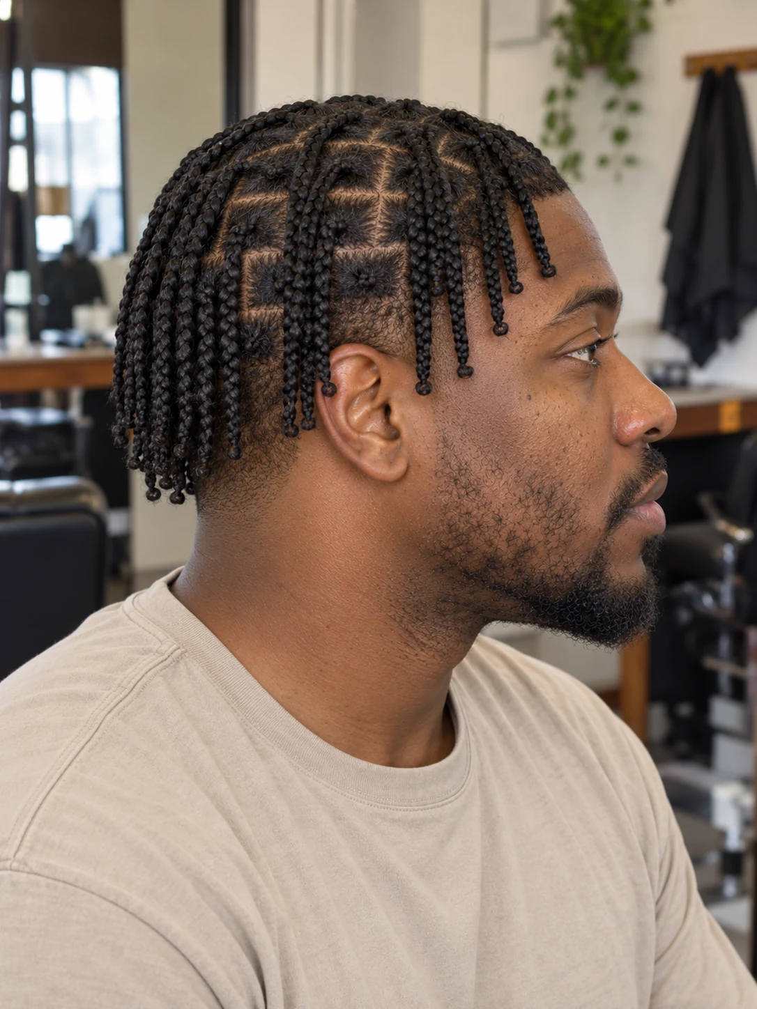 AI haircut concept: low taper with short box braids, opposite-side view.