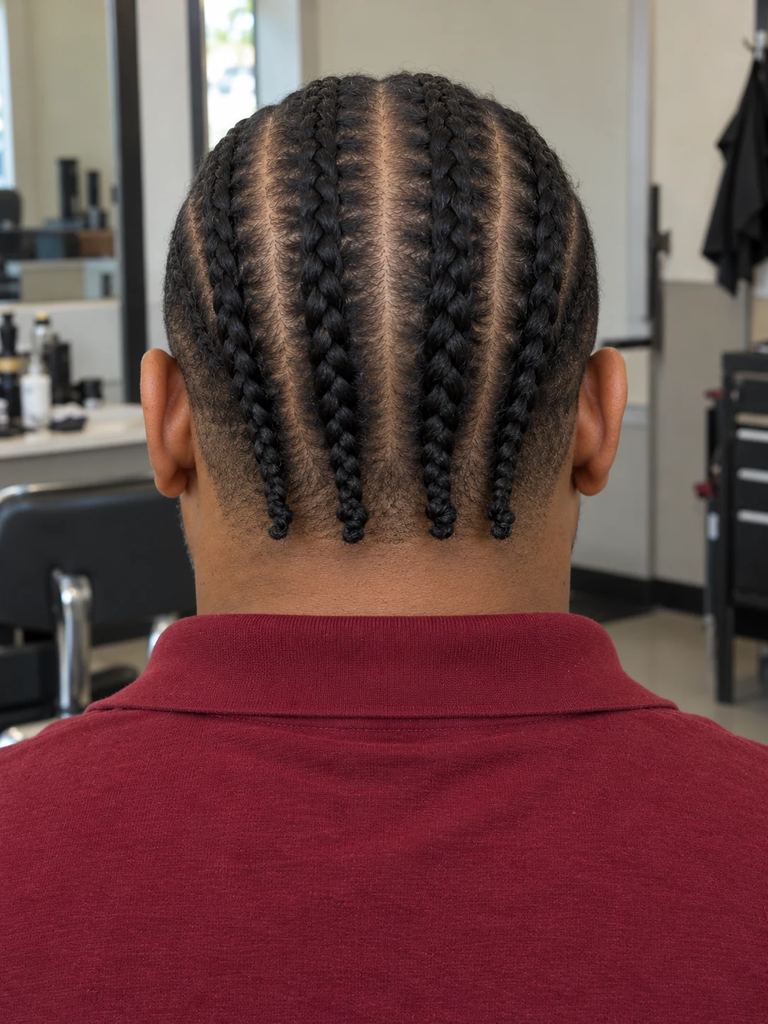 AI haircut concept: low taper with straight-back cornrows, rear view.