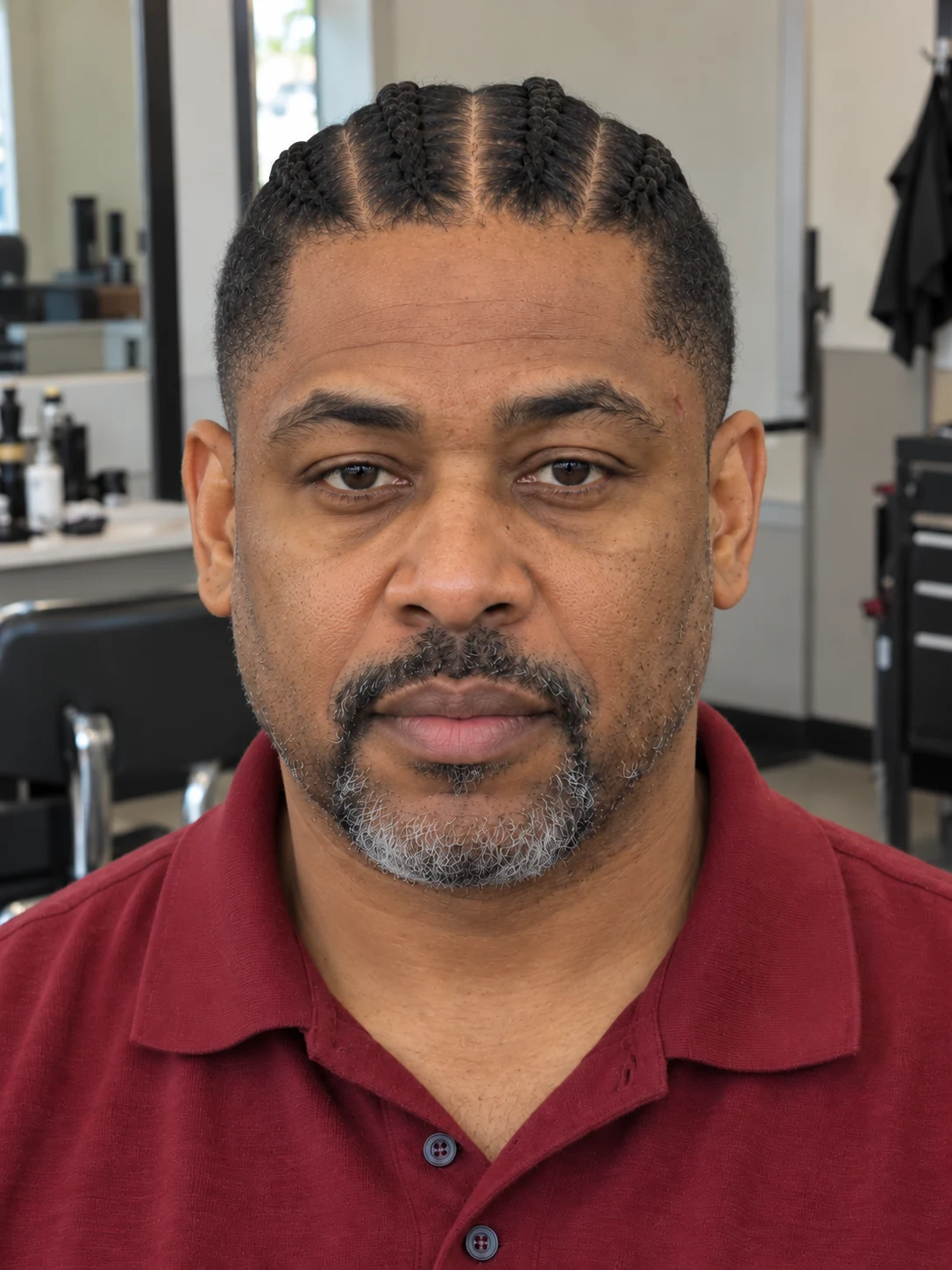 AI haircut concept: low taper with straight-back cornrows, front view.