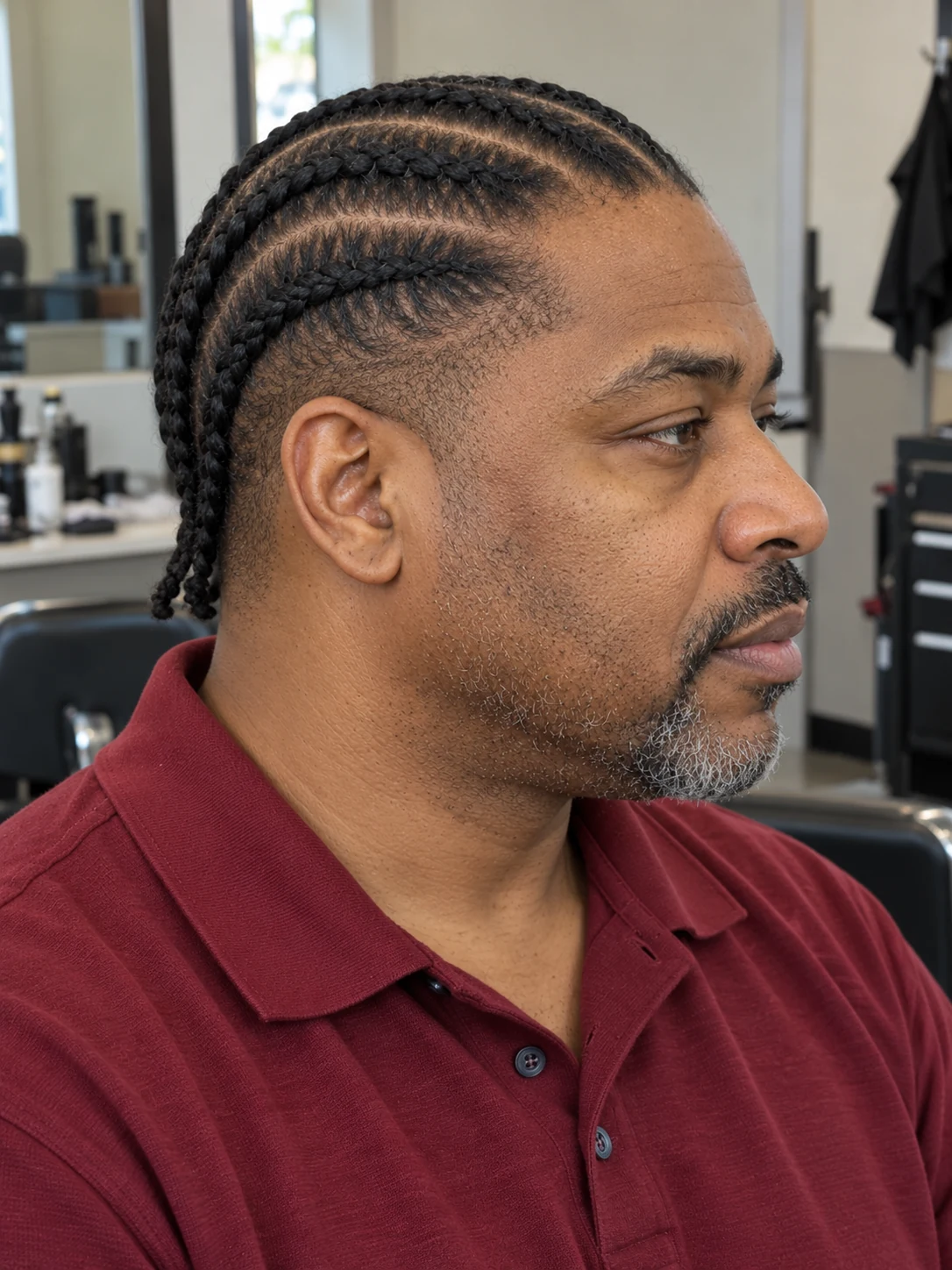 AI haircut concept: low taper with straight-back cornrows, opposite-side view.