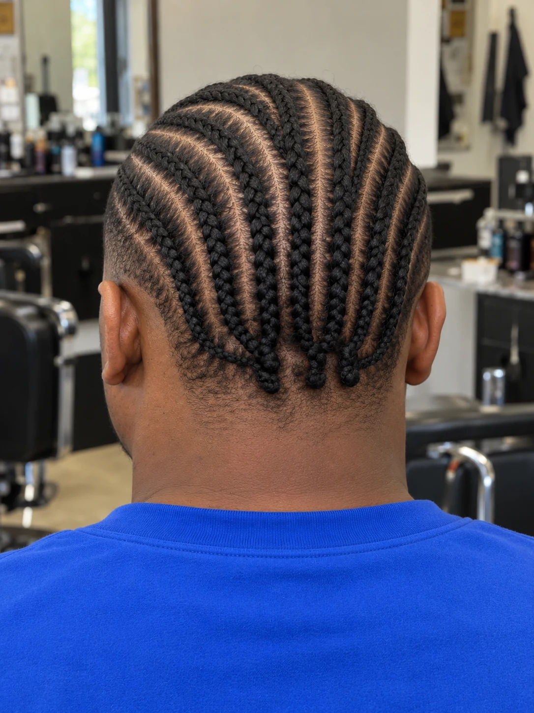 AI haircut concept: mid taper with curved cornrows, rear view.