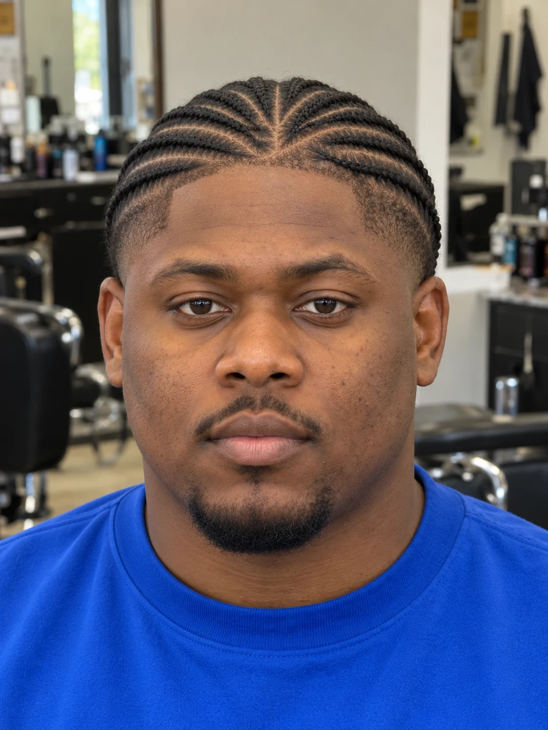 AI haircut concept: mid taper with curved cornrows, front view.