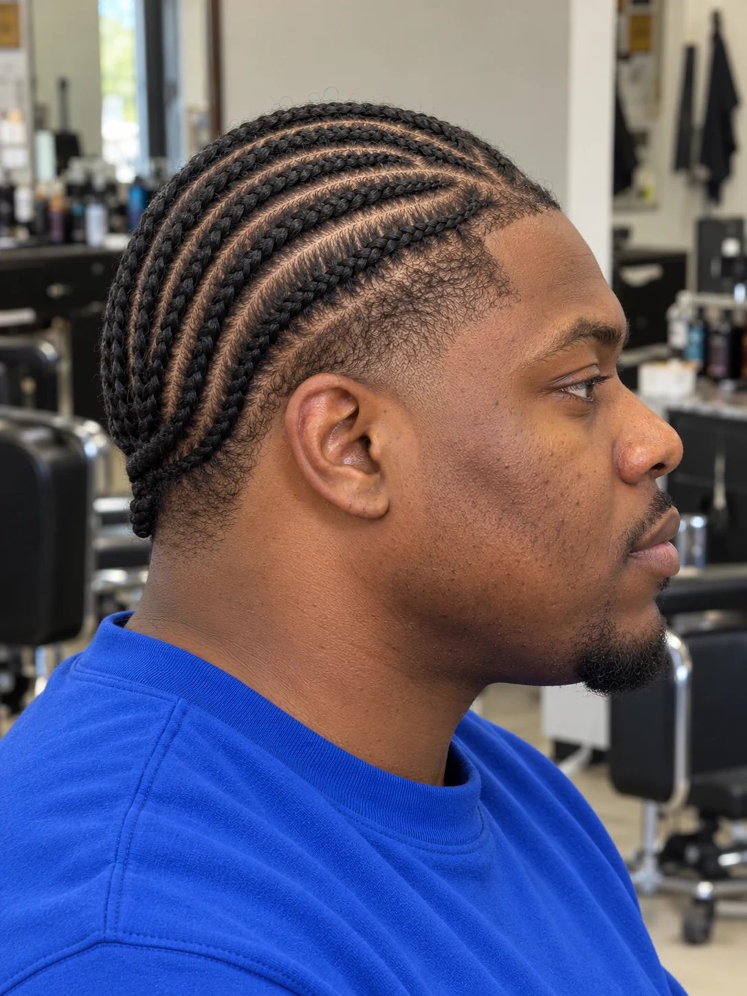 AI haircut concept: mid taper with curved cornrows, opposite-side view.