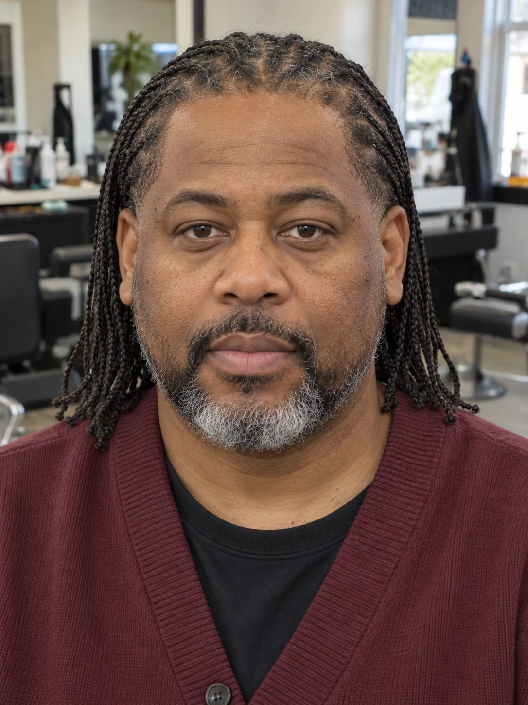 AI haircut concept: low taper with loose microbraids, front view.