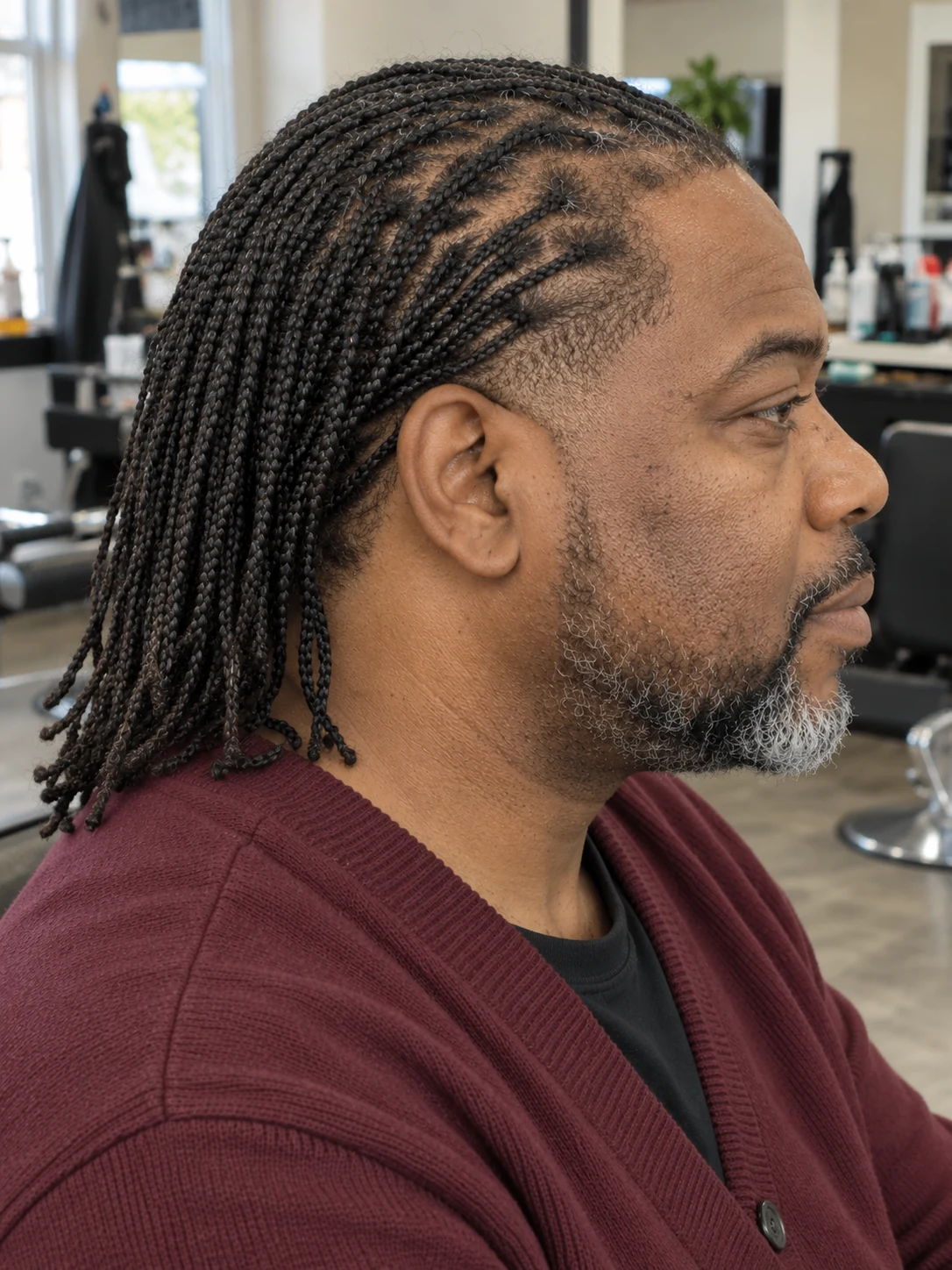 AI haircut concept: low taper with loose microbraids, opposite-side view.