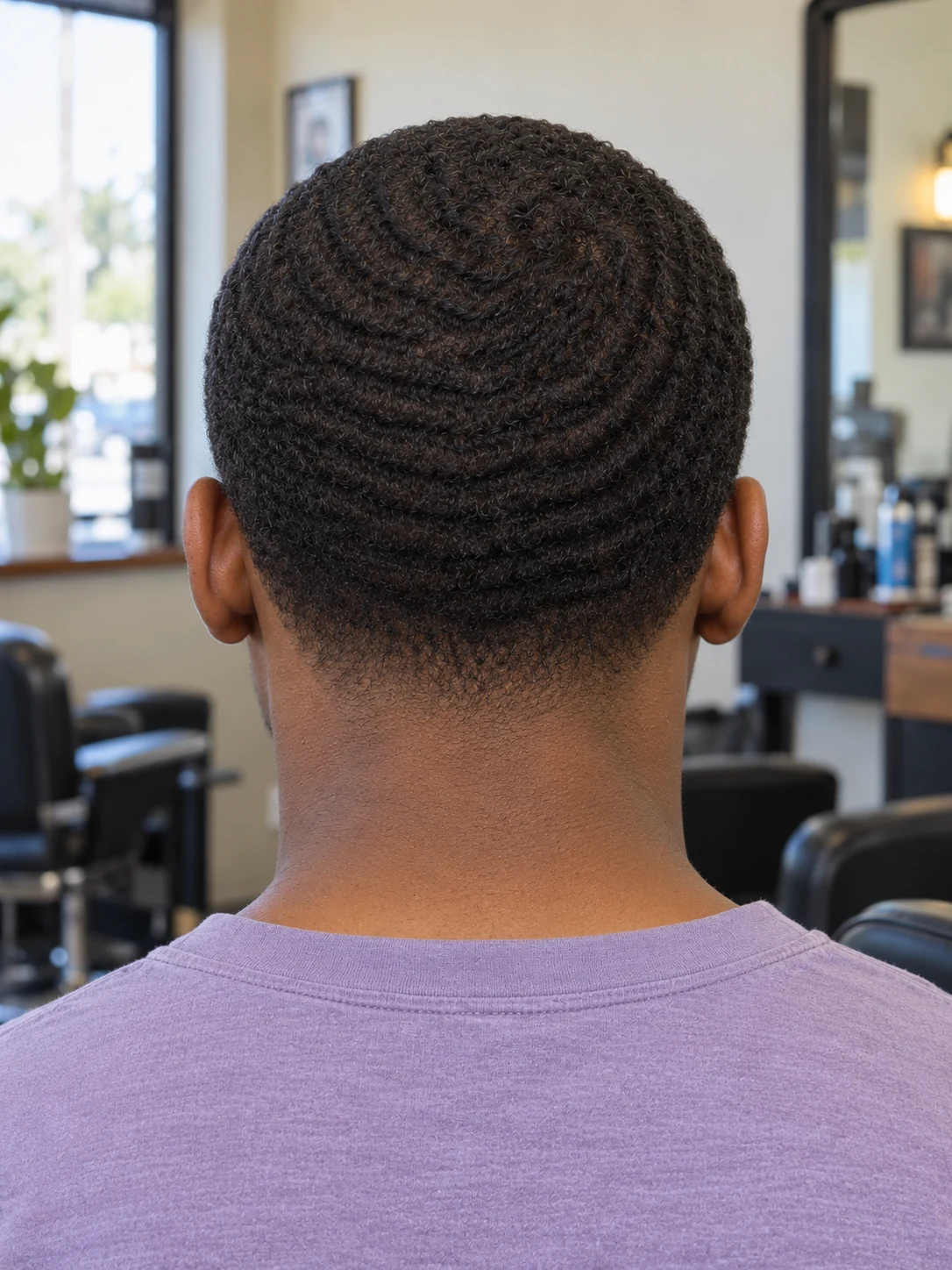 AI haircut concept: low taper with brushed ripple waves, rear view.