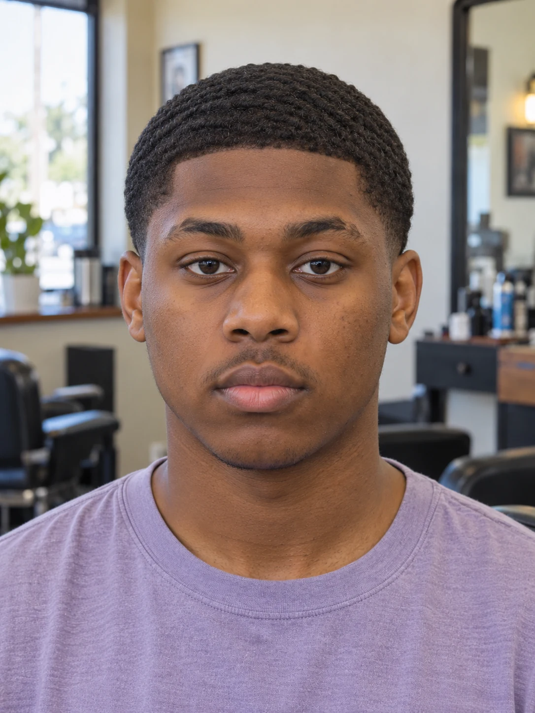 AI haircut concept: low taper with brushed ripple waves, front view.