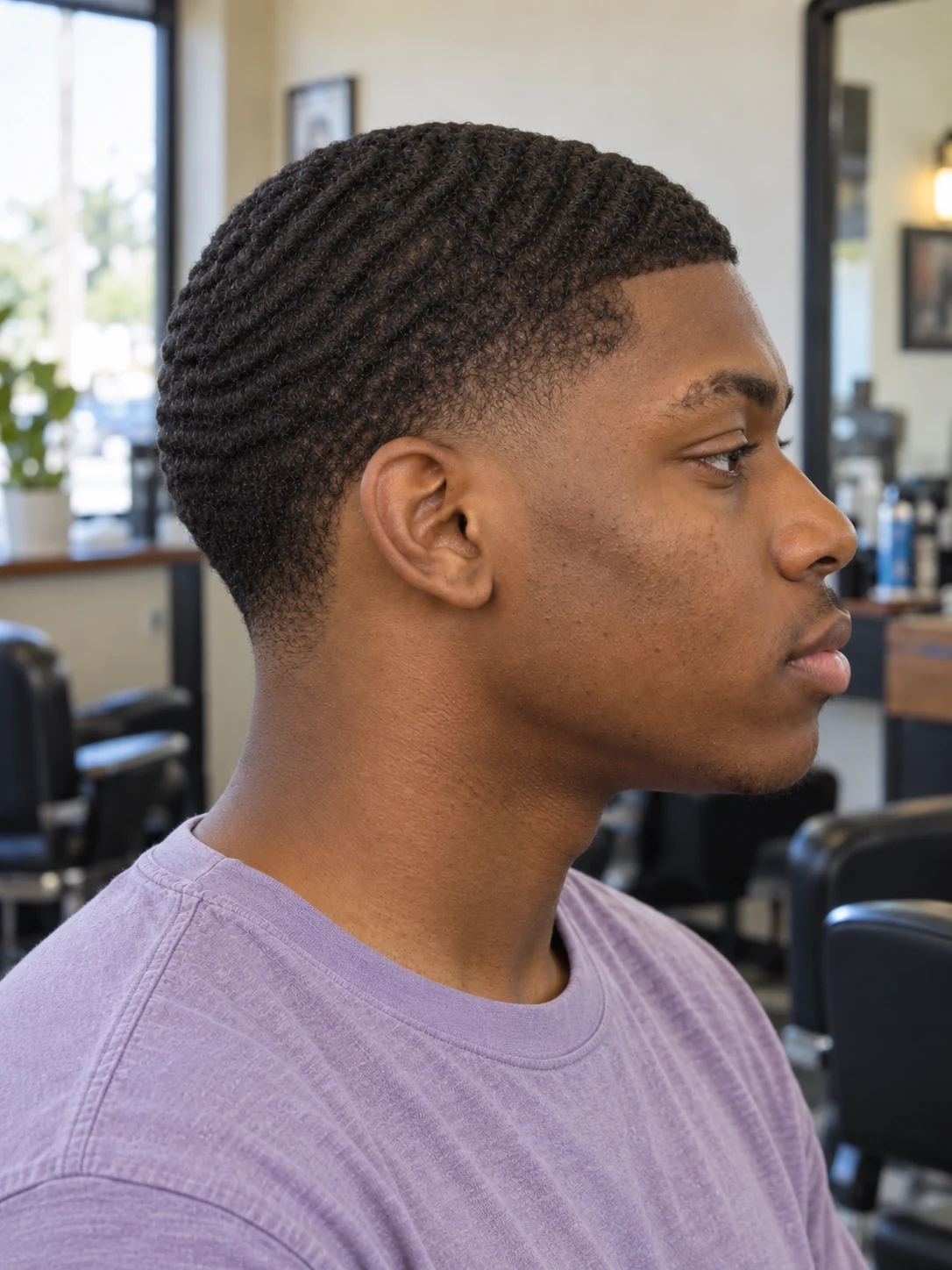 AI haircut concept: low taper with brushed ripple waves, opposite-side view.