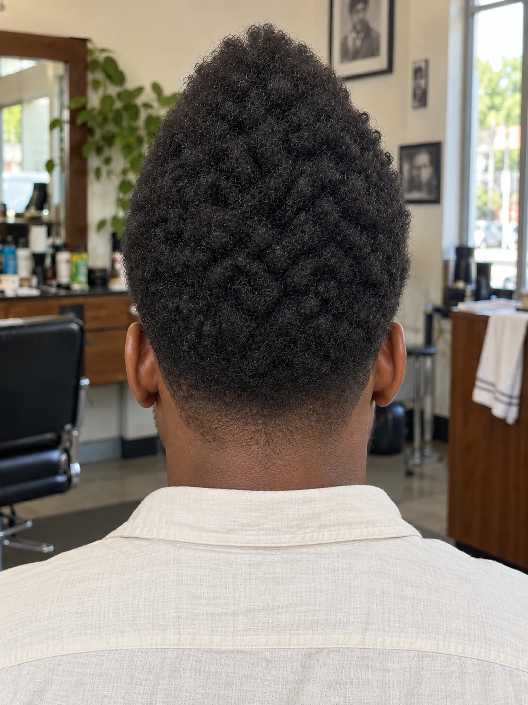 AI haircut concept: high taper with a conical coily top, rear view.