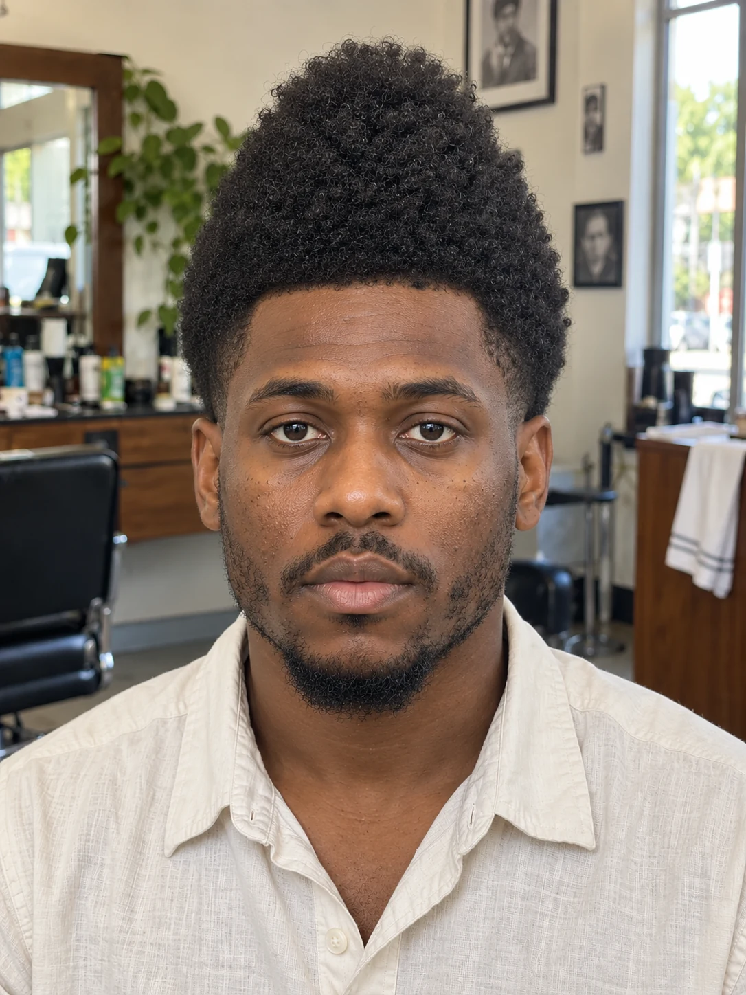 AI haircut concept: high taper with a conical coily top, front view.