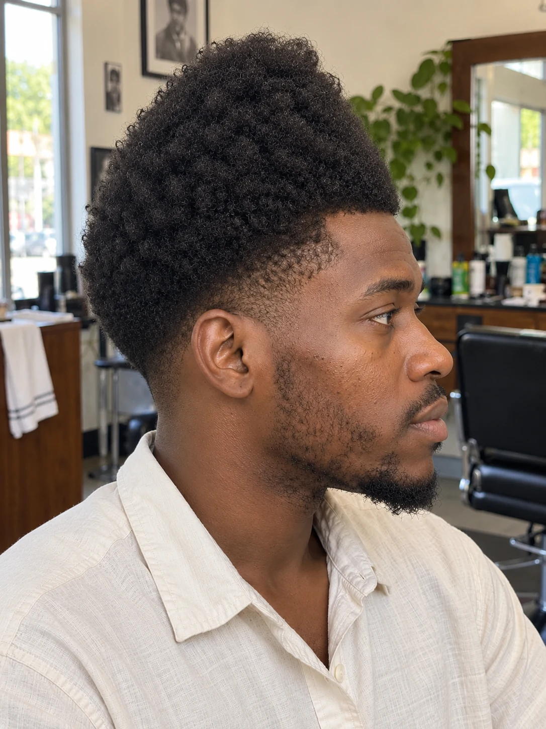 AI haircut concept: high taper with a conical coily top, opposite-side view.