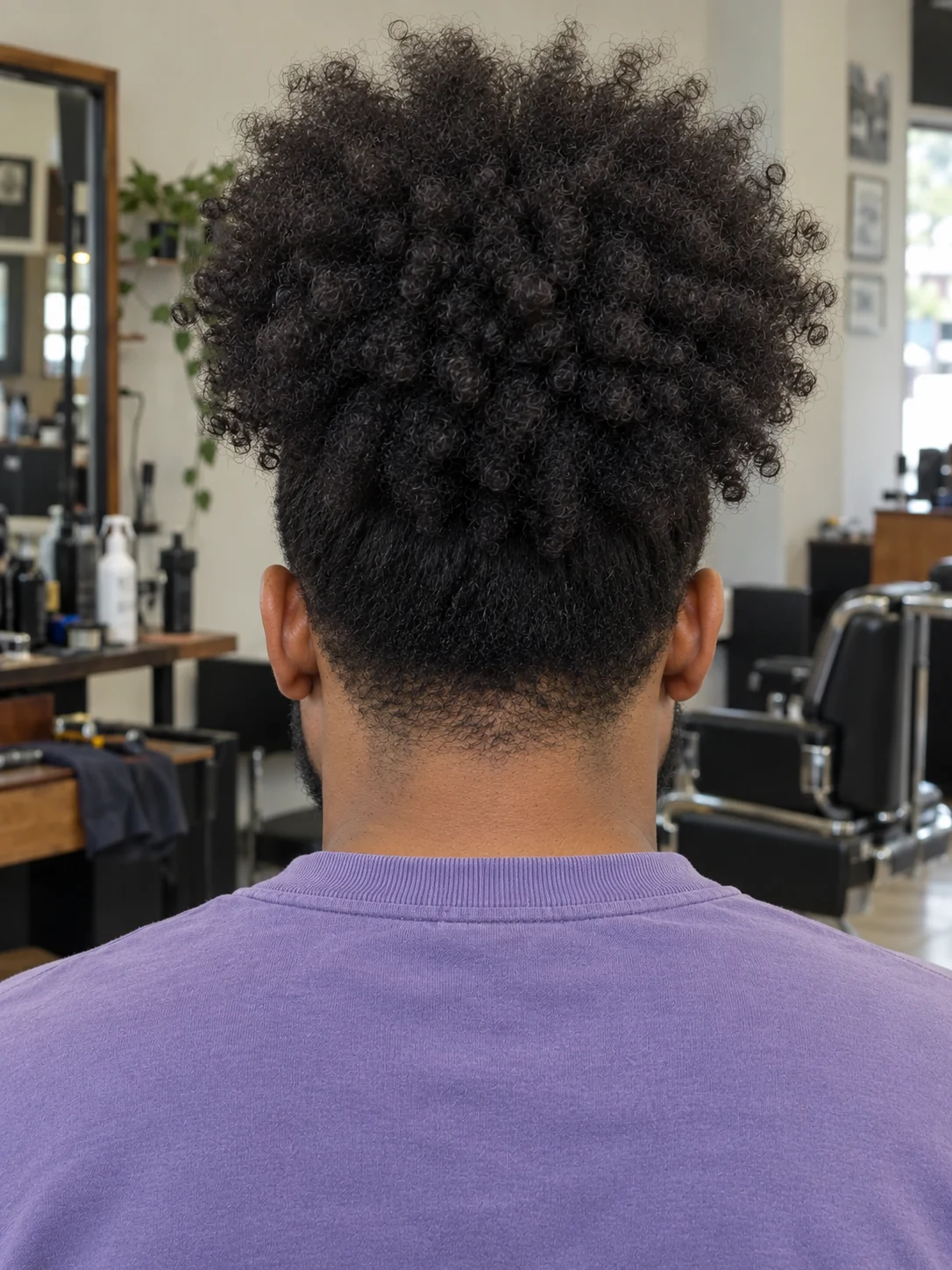 AI haircut concept: low taper with a high afro puff, rear view.