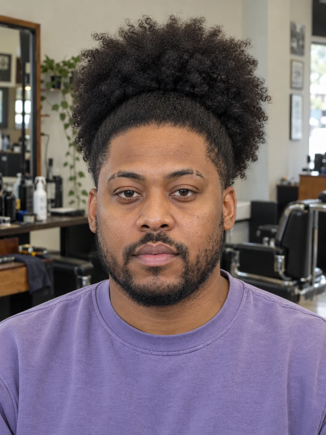 AI haircut concept: low taper with a high afro puff, front view.