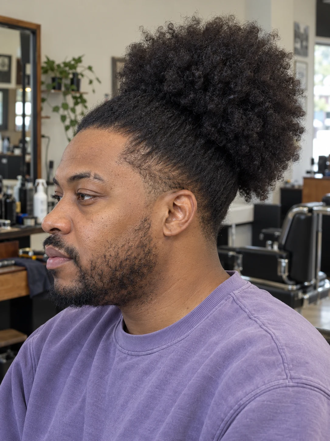 AI haircut concept: low taper with a high afro puff, left-side angled view.