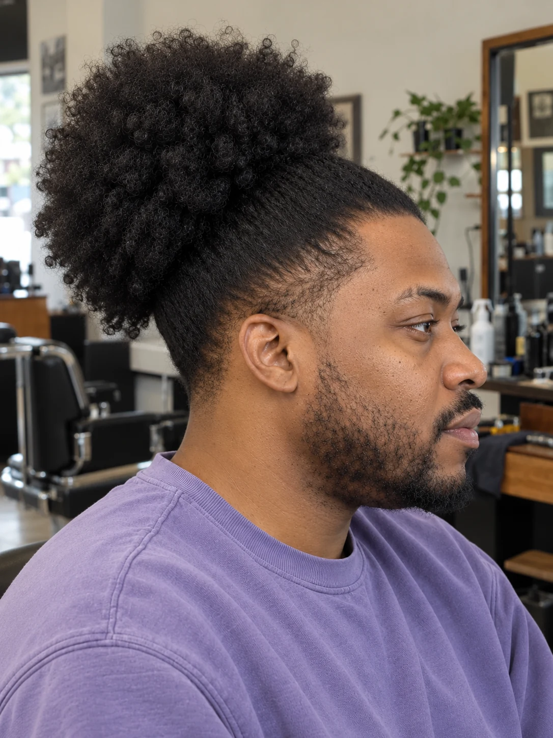 AI haircut concept: low taper with a high afro puff, opposite-side view.