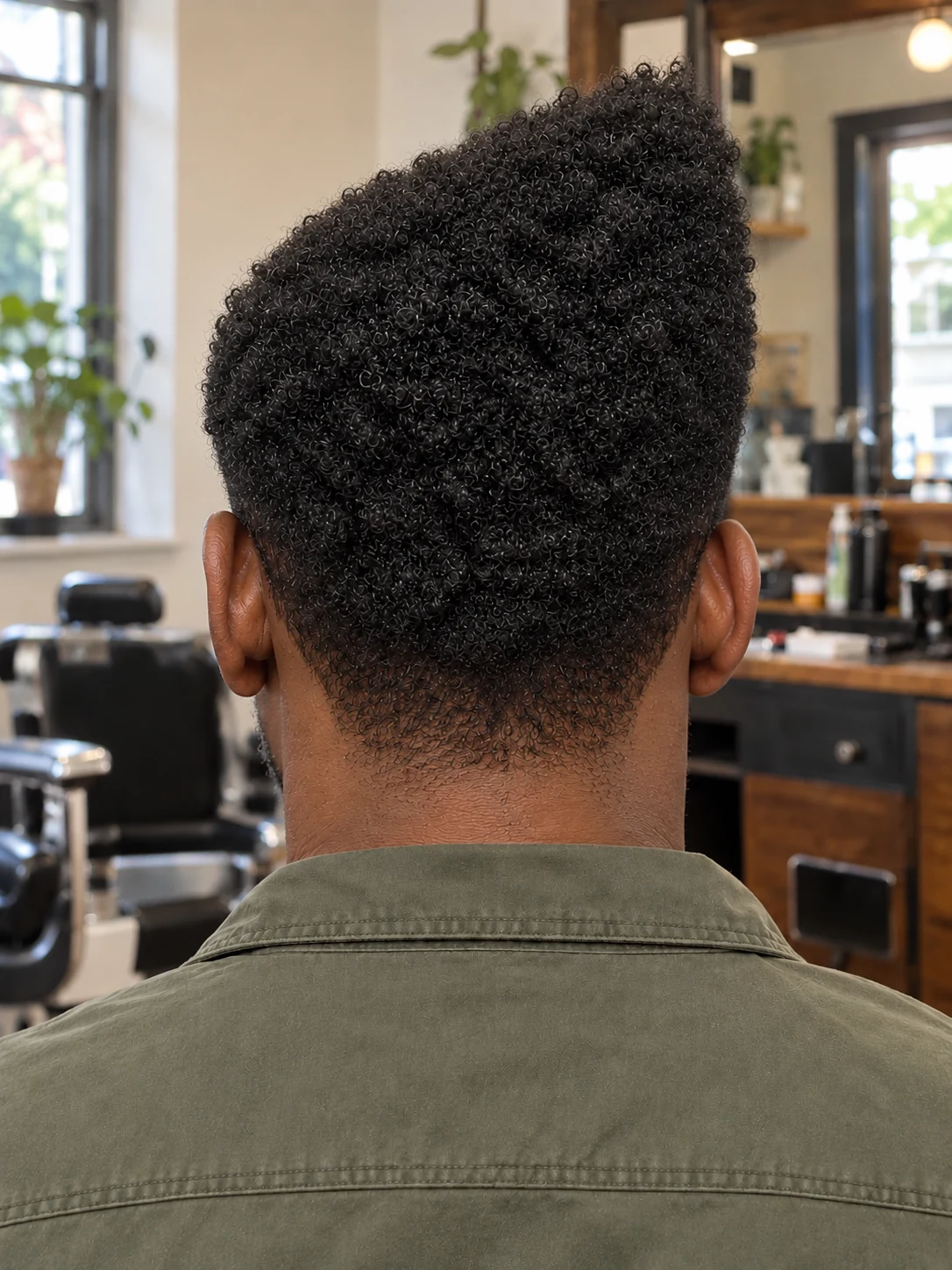 AI haircut concept: mid taper with an asymmetric afro wedge, rear view.