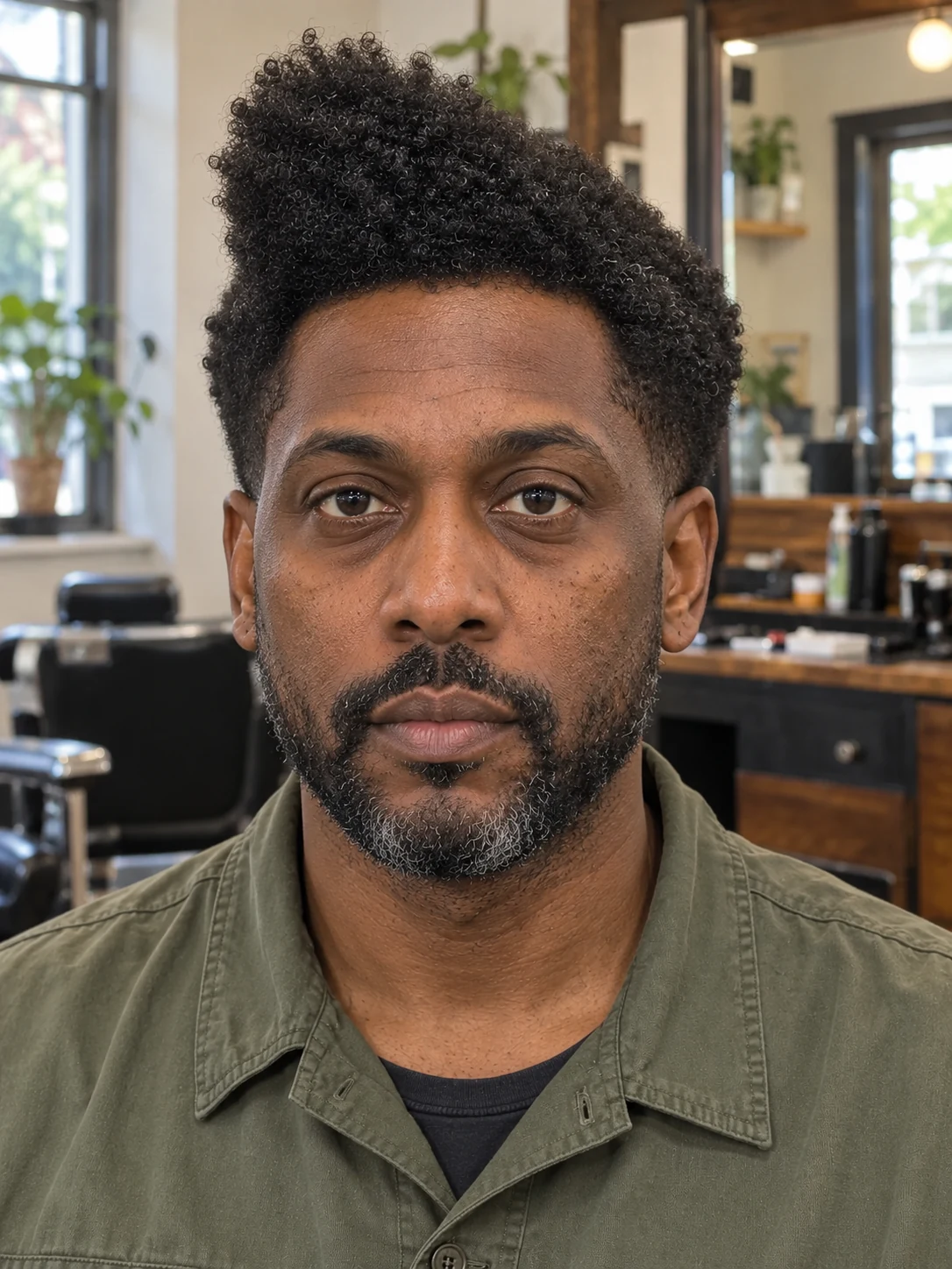 AI haircut concept: mid taper with an asymmetric afro wedge, front view.