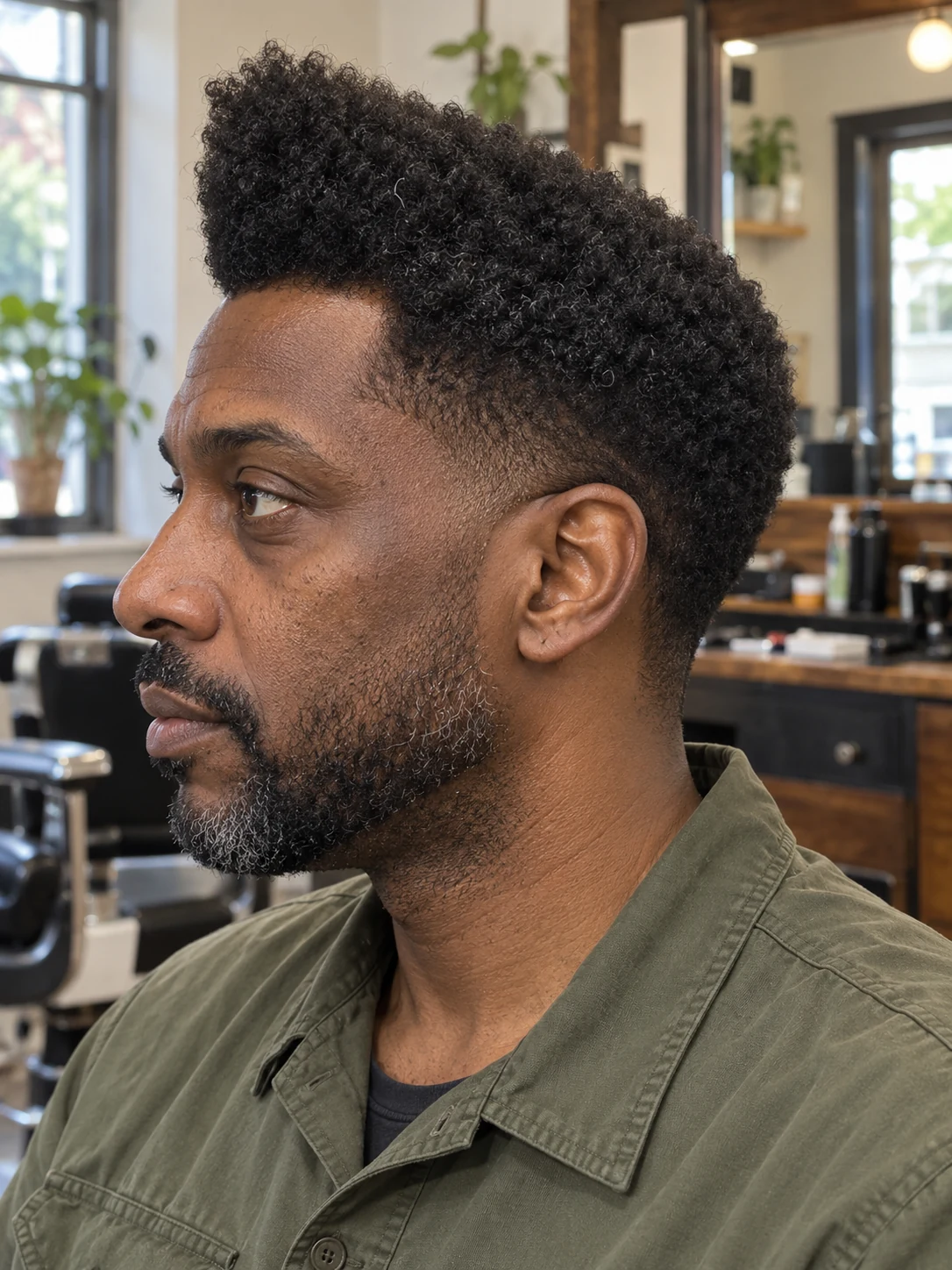 AI haircut concept: mid taper with an asymmetric afro wedge, left-side angled view.
