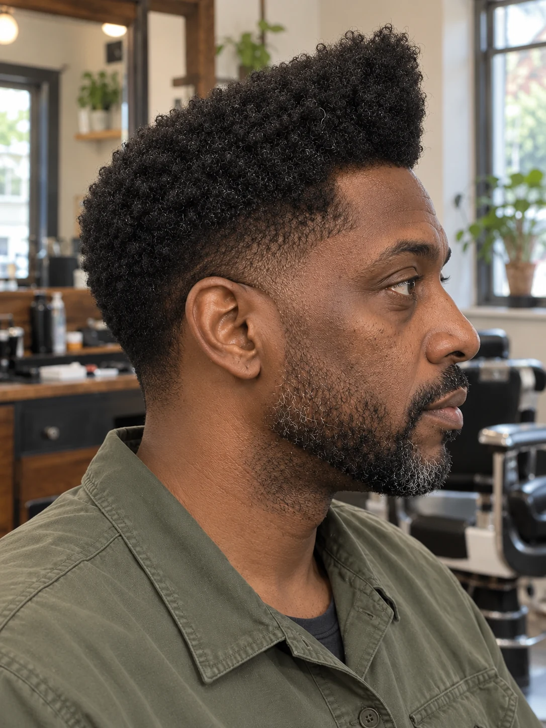 AI haircut concept: mid taper with an asymmetric afro wedge, opposite-side view.
