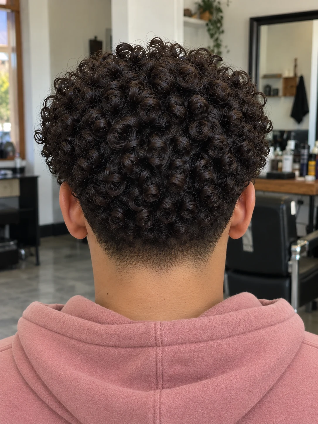 AI haircut concept: low taper with a corkscrew fringe, rear view.
