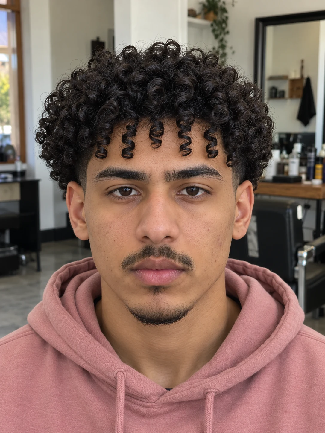 AI haircut concept: low taper with a corkscrew fringe, front view.