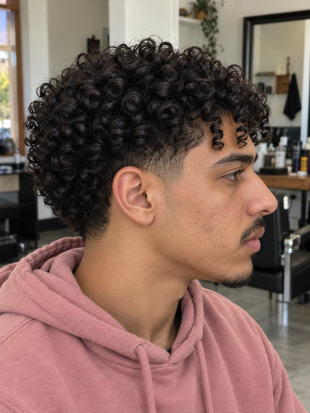 AI haircut concept: low taper with a corkscrew fringe, opposite-side view.