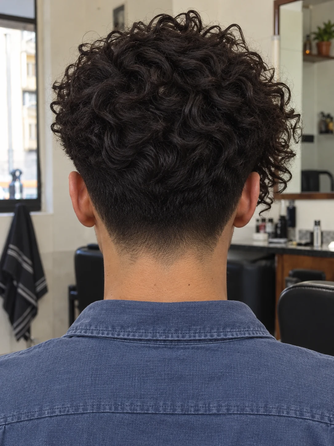 AI haircut concept: mid taper with side-falling curls, rear view.