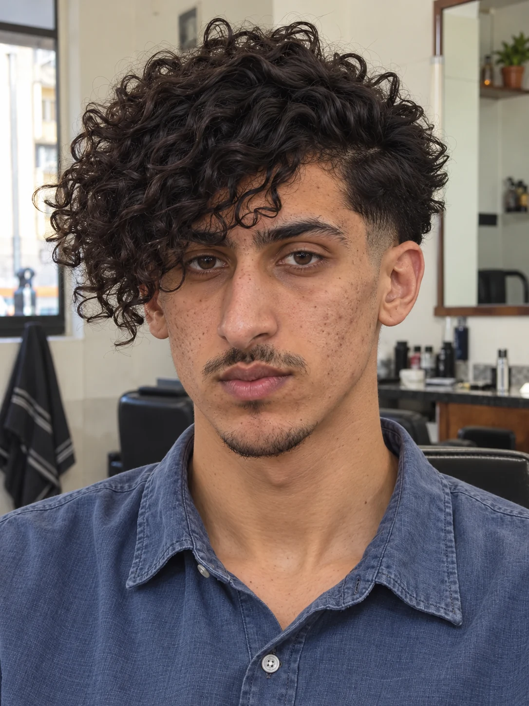 AI haircut concept: mid taper with side-falling curls, front view.